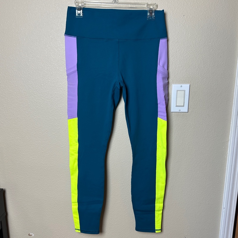 Fabletics Powerhold Teal Color Block Pocket Leggings | Size L